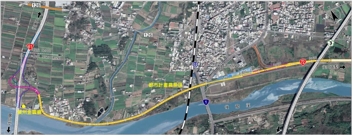 台72線快速公路延伸銜接台61線新建工程路線示意圖。翻攝公路局
