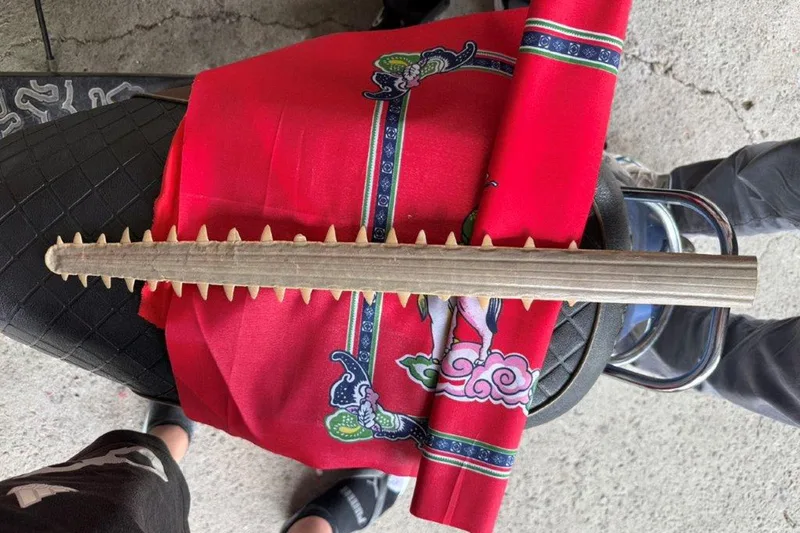 海巡署偵防分署北門查緝隊27日宣布查獲非法販售保育類「鋸鰩」鼻鋸加工製成鯊魚劍案,查獲證物鯊魚劍。<br />北門查緝隊提供