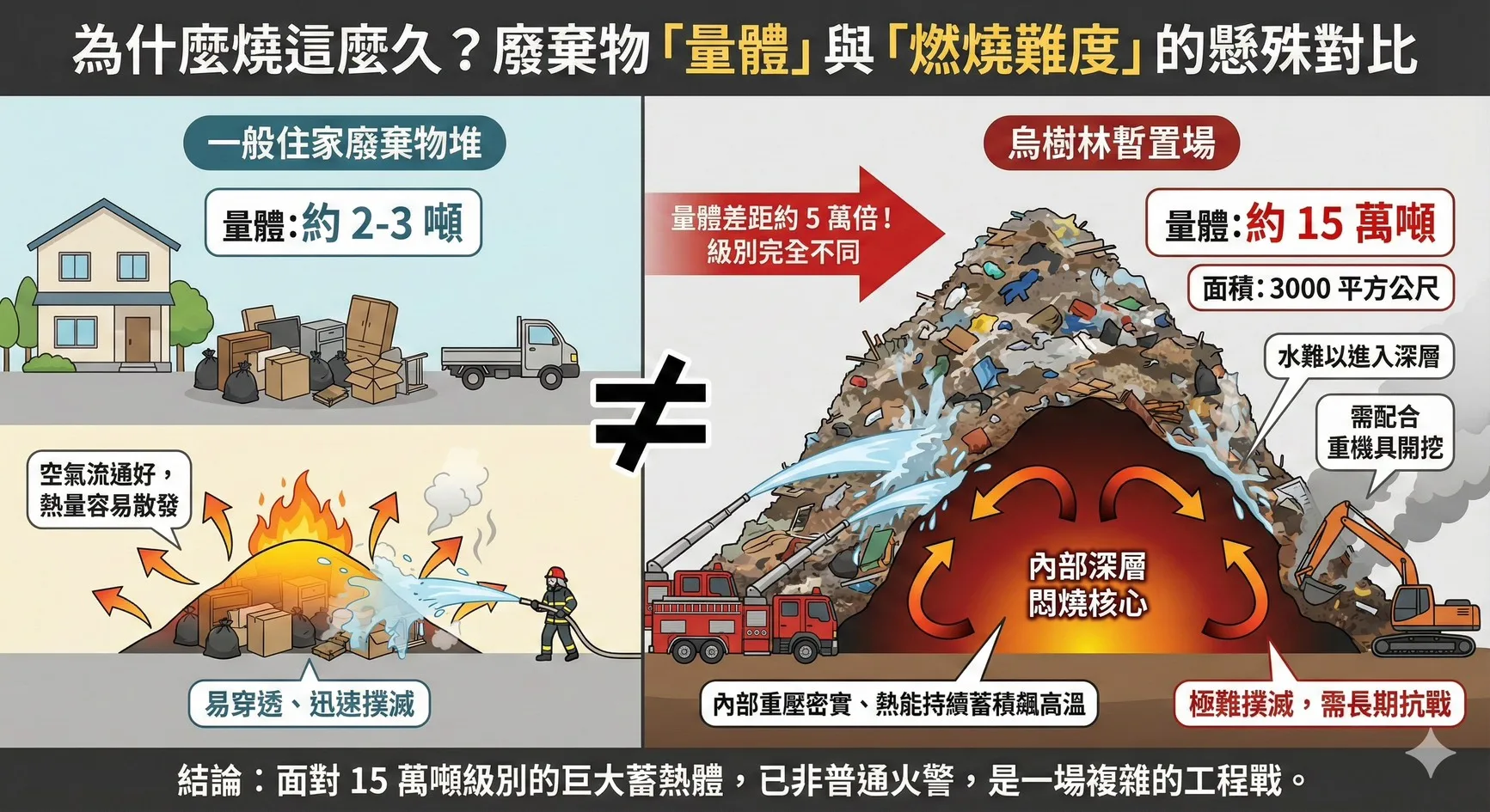 彭啓明表示，由於廢棄物量體太大，同時表層溫度超過四百度，深層可能五六百度，這是最麻煩的地方，和一般火災很不一樣。翻攝自彭啓明臉書