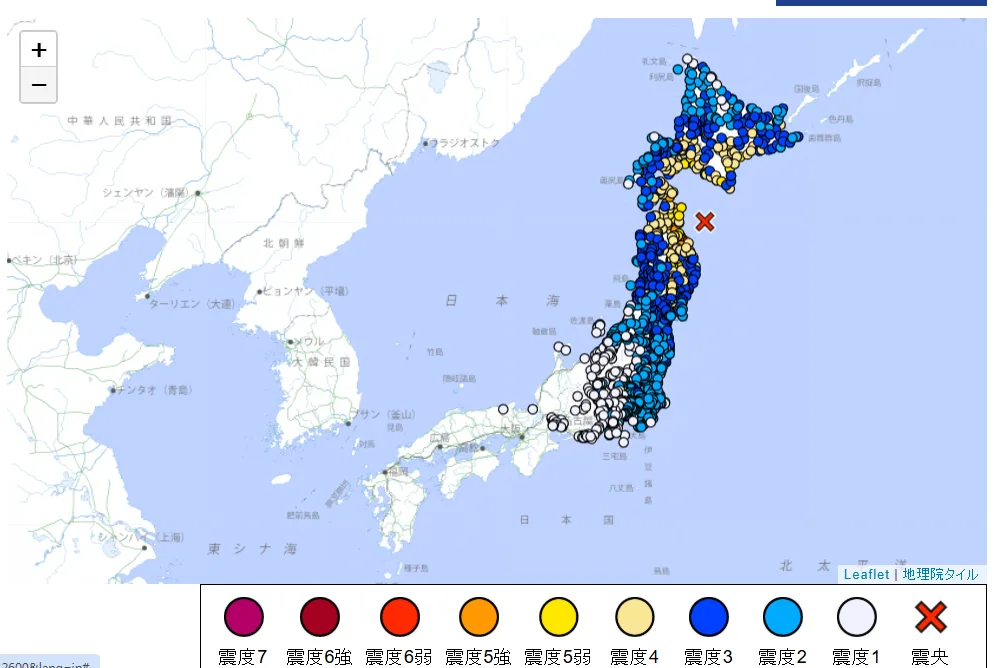 日本青森外海昨天深夜發生規模7.5地震。