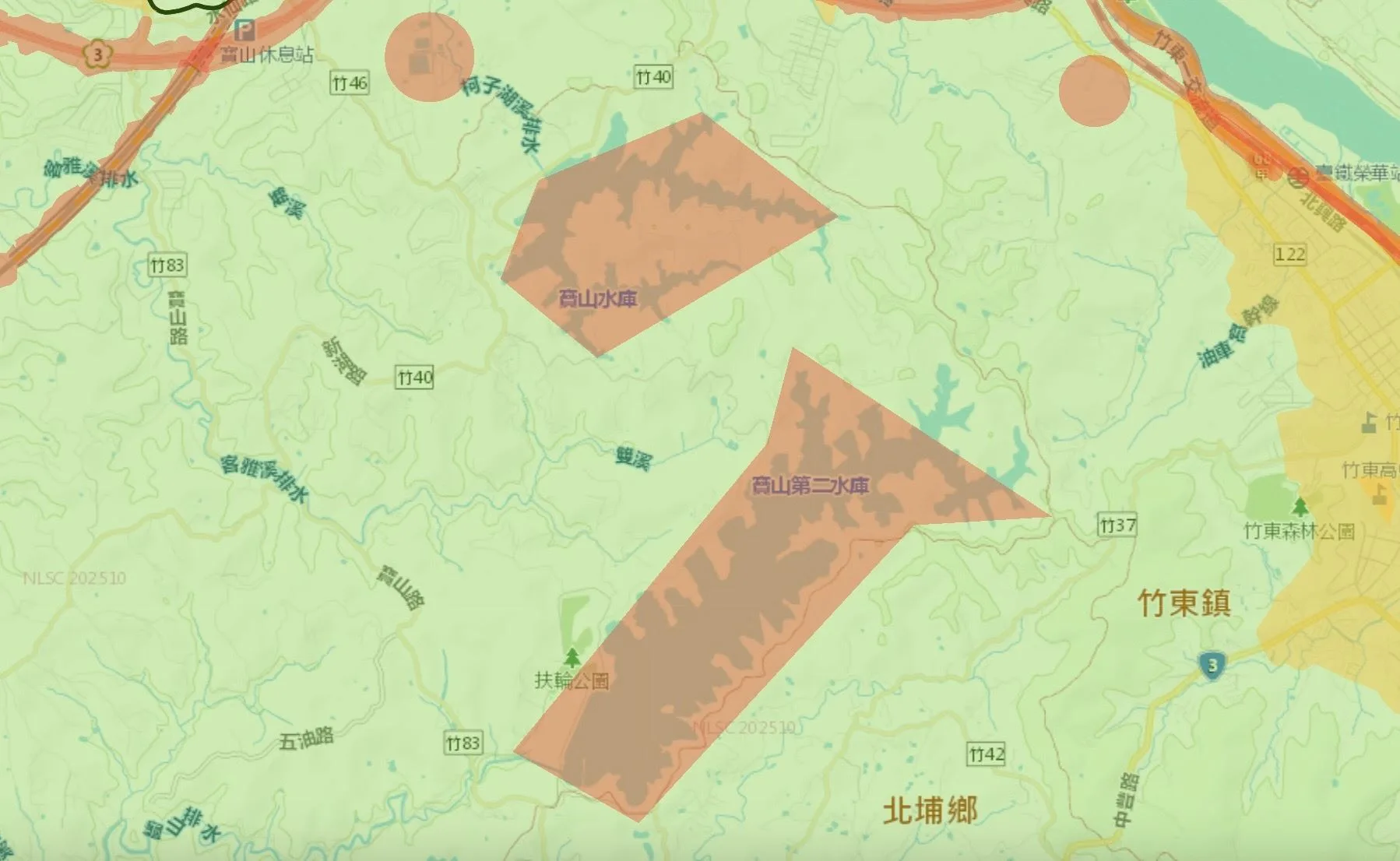 新竹縣限禁航區空域圖,寶山水庫、寶二水庫紅色區塊範圍內為無人機禁航區。新竹縣政府提供