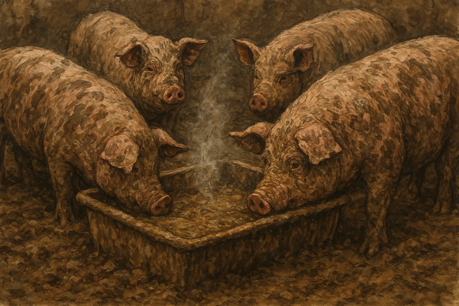 slop讓人聯想到,身上結滿泥巴塊的豬隻,擁擠圍繞1個骯髒的飼料槽,或者1桶冒著蒸氣的惡臭雜燴。圖為ChatGPT生成的示意畫面。