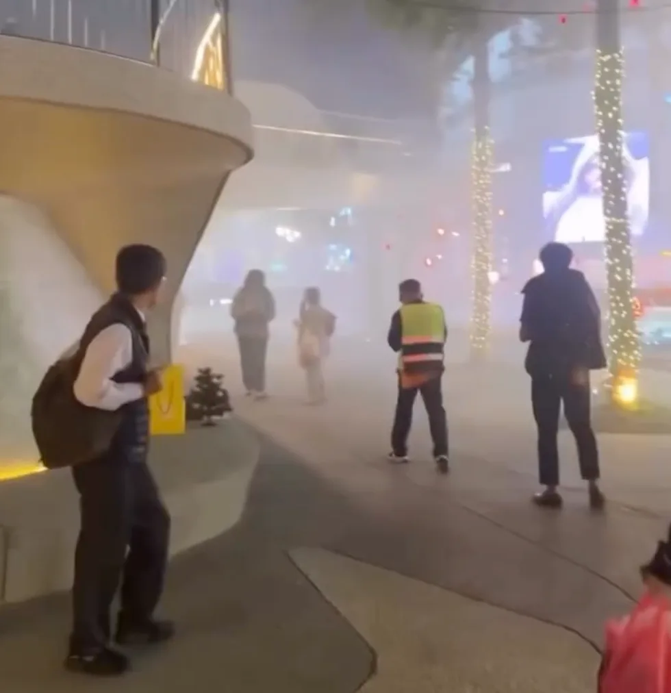 嫌犯在捷運中山站外丟煙霧彈，整條南京東路都是煙霧，民眾驚恐逃竄。翻攝畫面