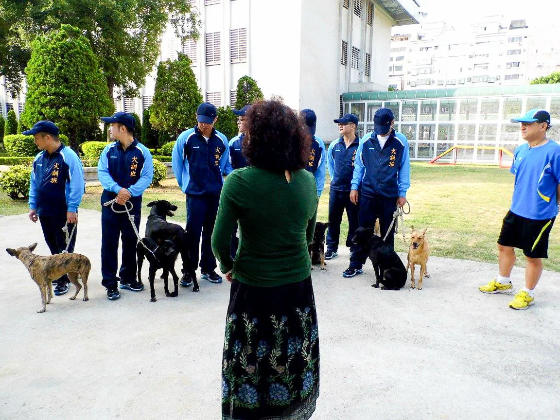 張太太同時也讚助新竹少監訓練護衛犬，讓新竹市民認養。背對著鏡頭者就是張太太。 陳權欣攝
