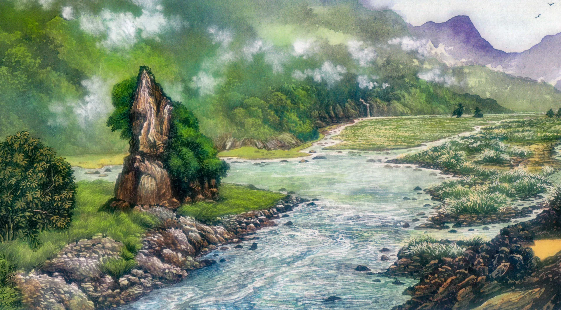 于傳騏曾環島旅行作畫4次，完成《南島Taiwan行旅》百景圖，圖為新竹縣尖石鄉的山河美景。何來美翻攝