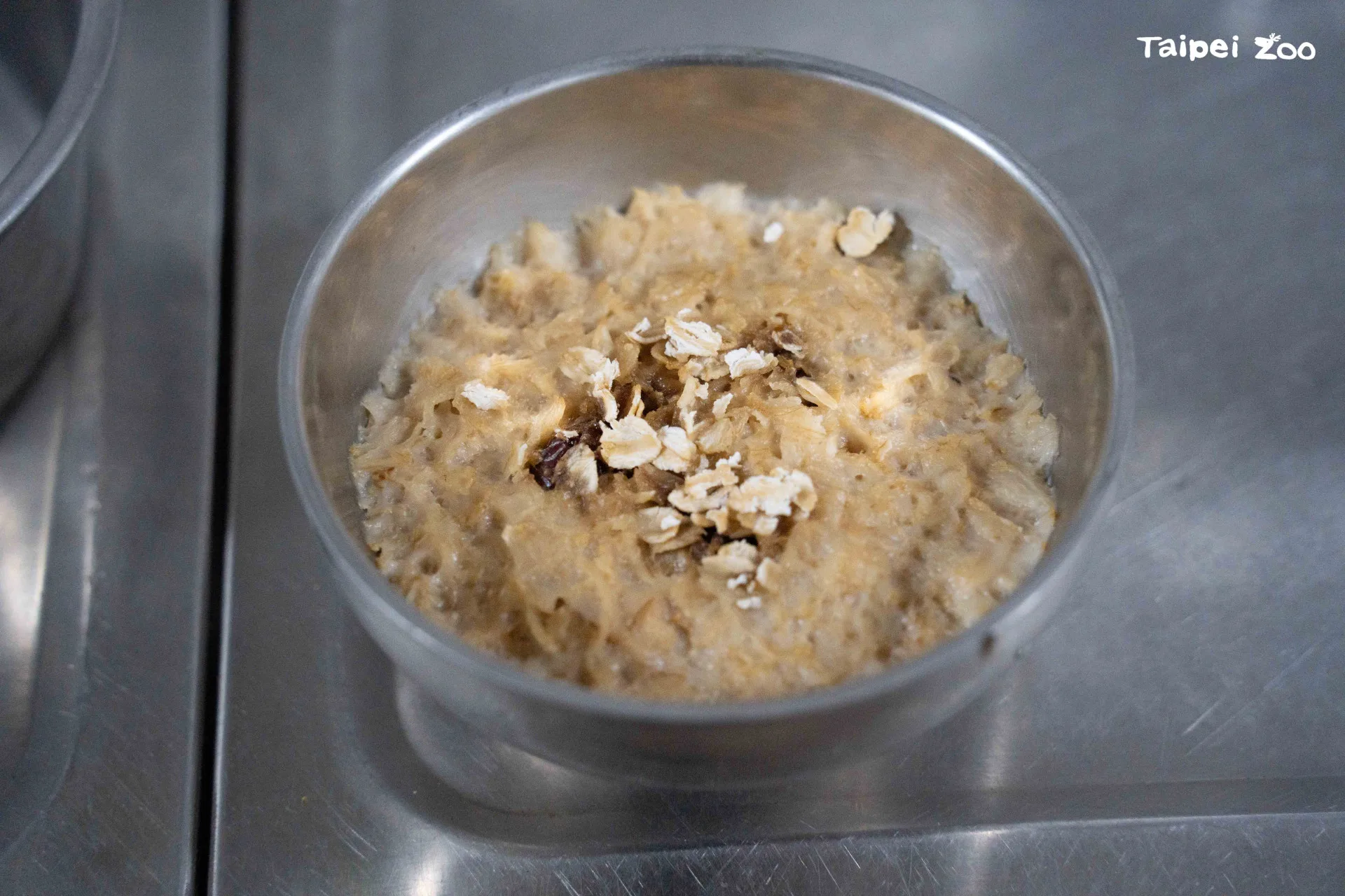 黑熊「黑糖」的生日蛋糕內容包含燕麥、紅棗、葡萄乾混和蒸熟的主體。北市動物園提供