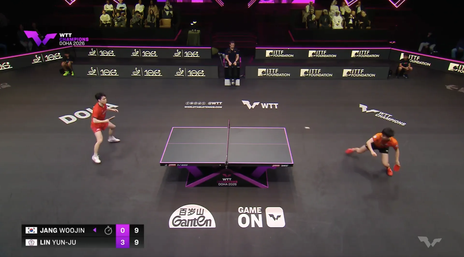 林昀儒以11比7、11比9、11比9、13比11直落4完勝韓國強將張禹珍。翻攝自World Table Tennis X