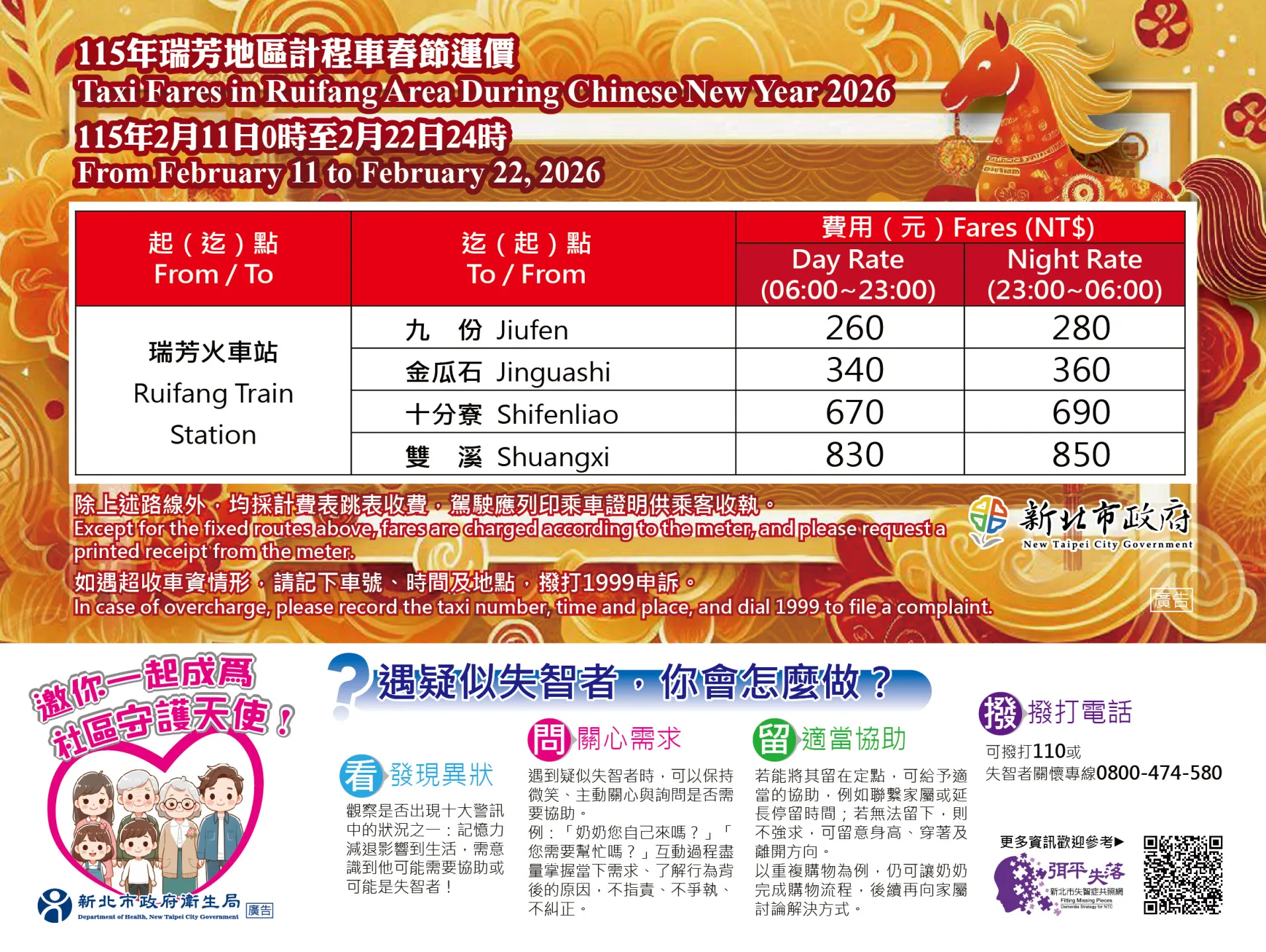 計程車春節運價（瑞芳）。新北市交通局提供