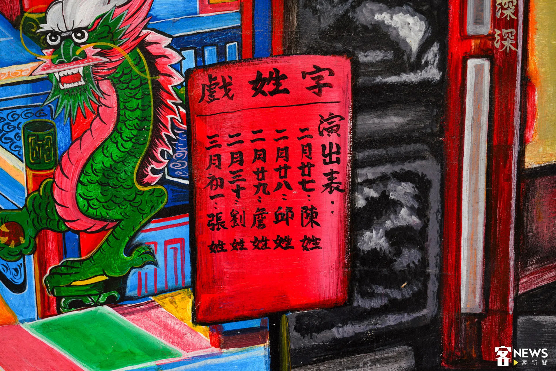 牆上寫的字姓戲,發現到在地居民姓邱、詹的人有許多,這也是饒平客家人的大姓。朱愷元攝