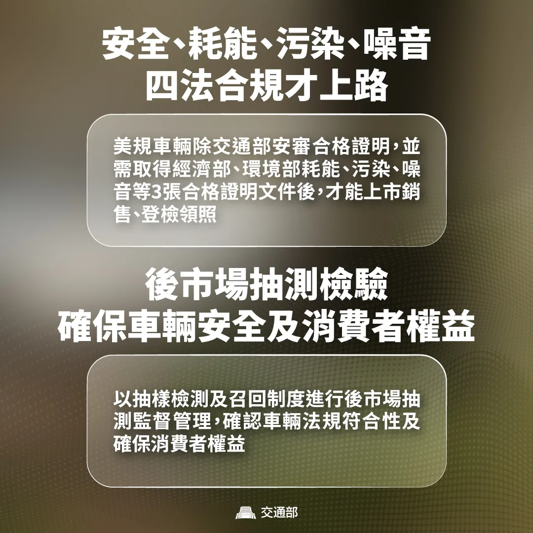 除進口的安全審查合格證明之外，並需取得經濟部、環境部等證明才能上市銷售；後市場抽測檢驗，抽樣召回進行抽測，確認車輛符合法規，確保消費者權權益。交通部提供