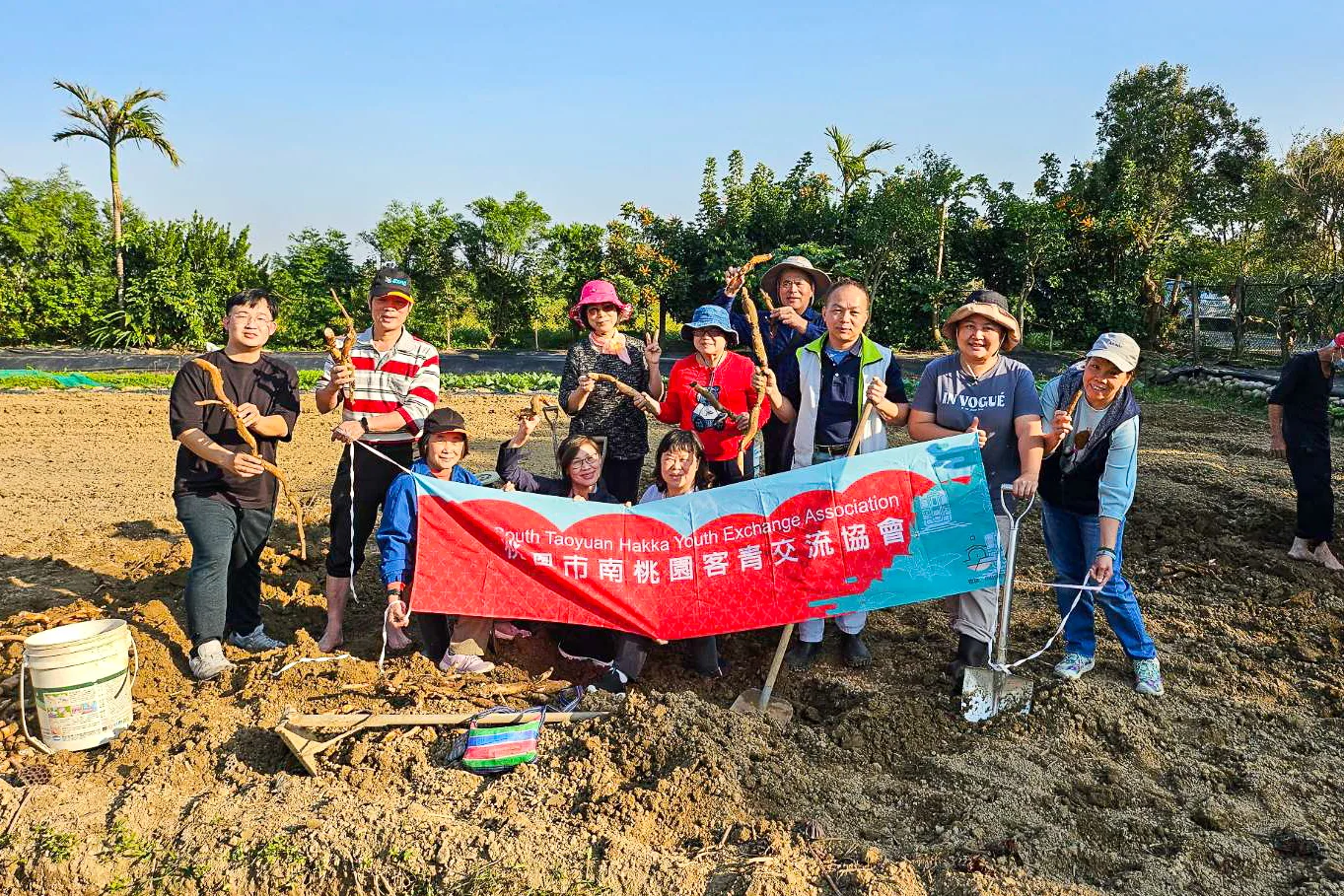 大家用砂鐐挖蓮根。邱鴻春提供