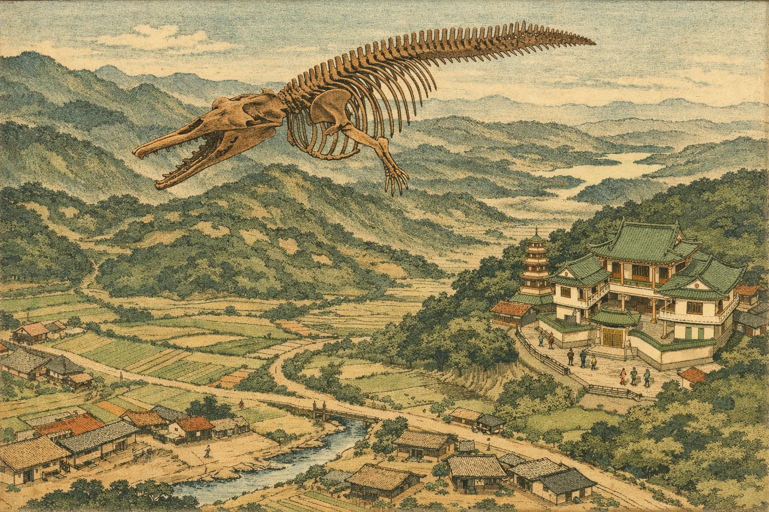 1960年代竹東油井挖出鯨魚化石情境示意圖。該化石材料曾於1965年被命名為「台灣鯨魚」(Balaenoptera taiwanica)。AI示意圖,照片翻攝竹東閒人臉書粉專頁