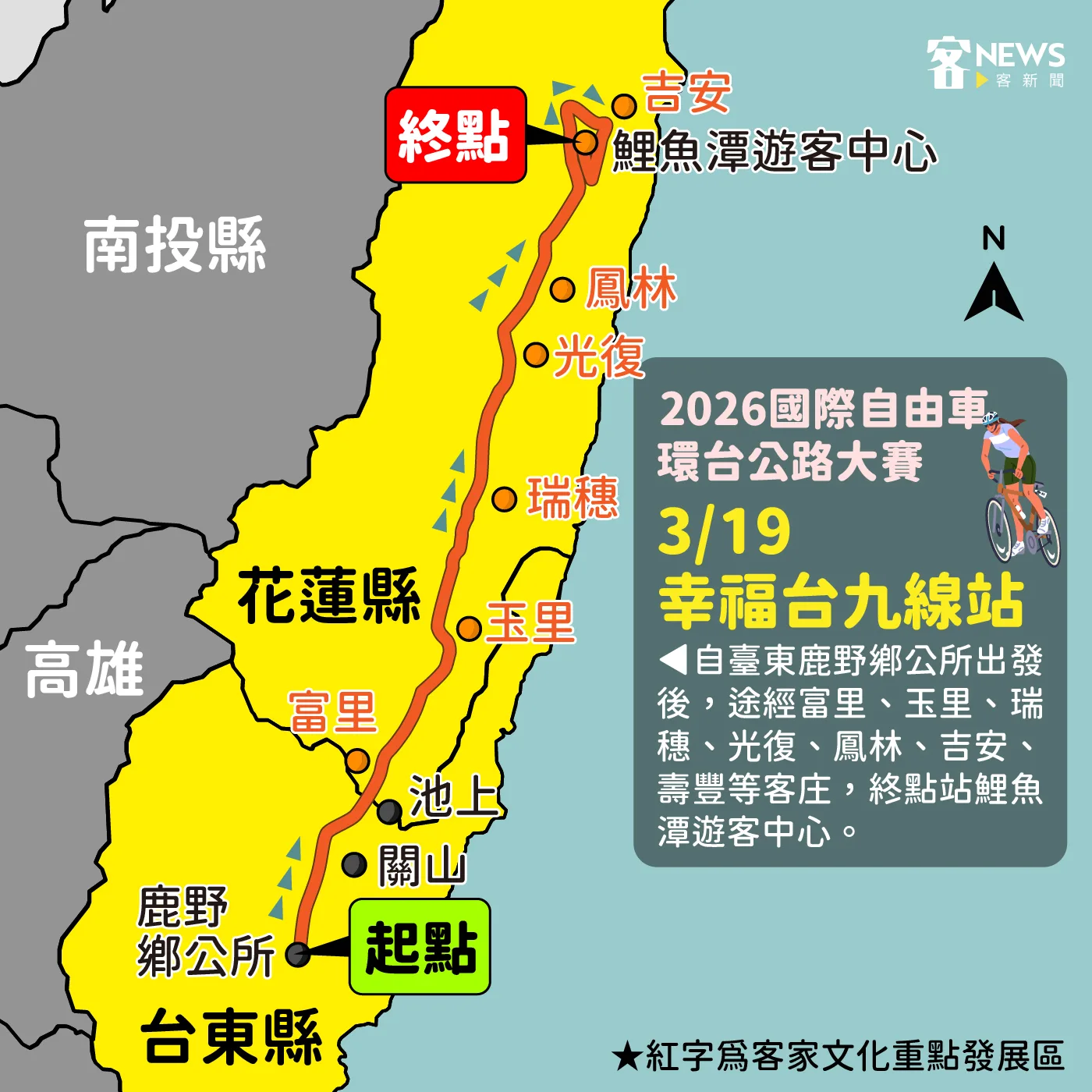2026國際自由車環台公路大賽「幸福台九線站」路線簡圖。客新聞製圖