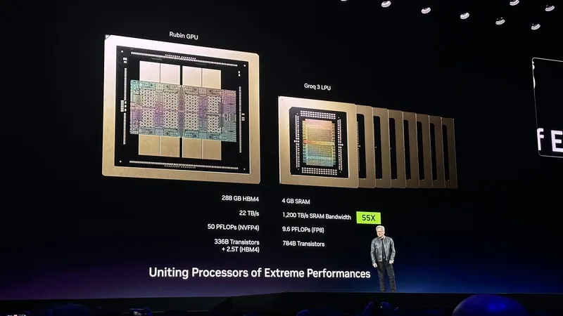 輝達執行長黃仁勳在GTC大會公布新推論晶片NVIDIA Groq 3 LPU。中央社
