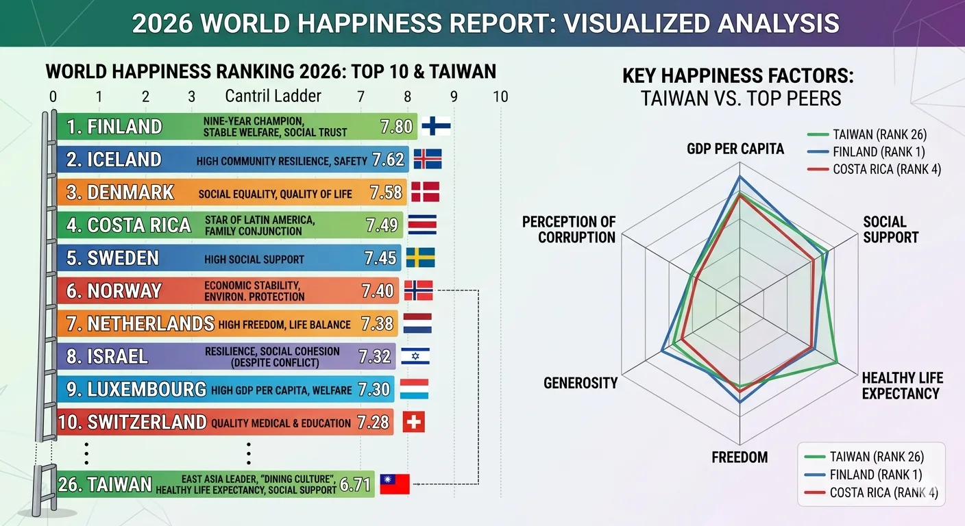 世界快樂調查前十名國家與台灣。AI根據調查報告製圖
