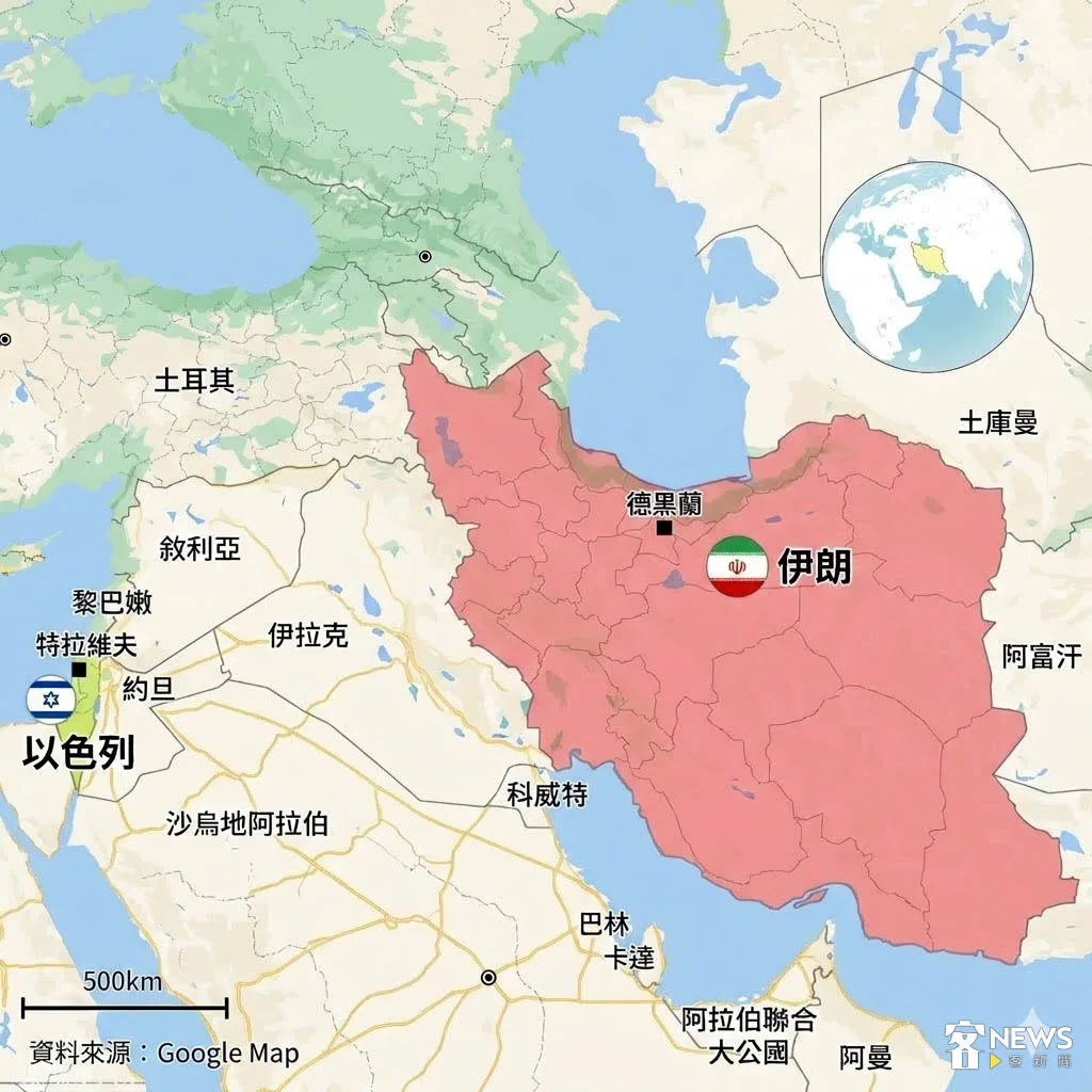 伊朗飛彈攻擊卡達，波斯灣周邊國家相關位置圖。客新聞AI製圖