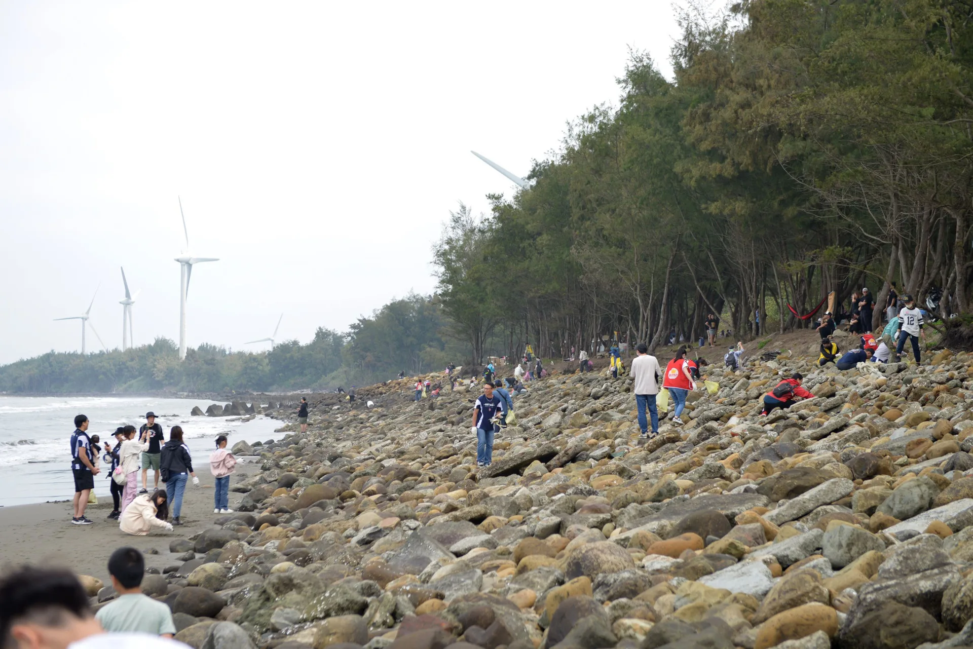 戴上手套、拿起垃圾夾，齊心清理沙灘上的各式廢棄物，不分老少、眾人透過團隊合作讓龍鳳漁港的海岸線恢復潔淨。苗栗縣政府提供