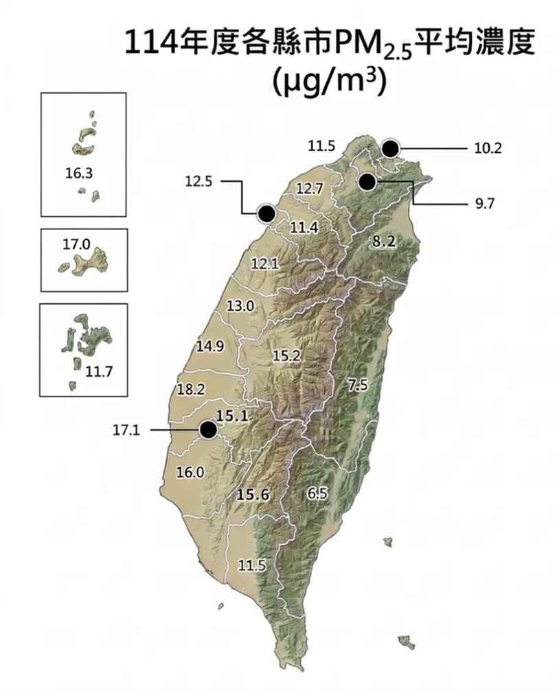 2025年各縣市PM2.5平均濃度。環境部提供