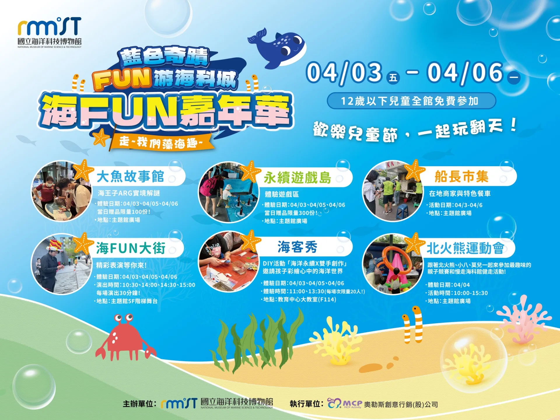 基隆市國立海洋科技博物館（海科館）4月3日至6日期間，12歲以下孩童享有免費入館。基隆市政府提供