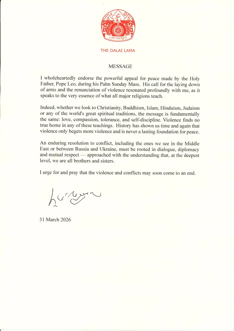 藏傳佛教精神領袖達賴喇嘛尊者發表聲明，支持教宗和平呼籲。