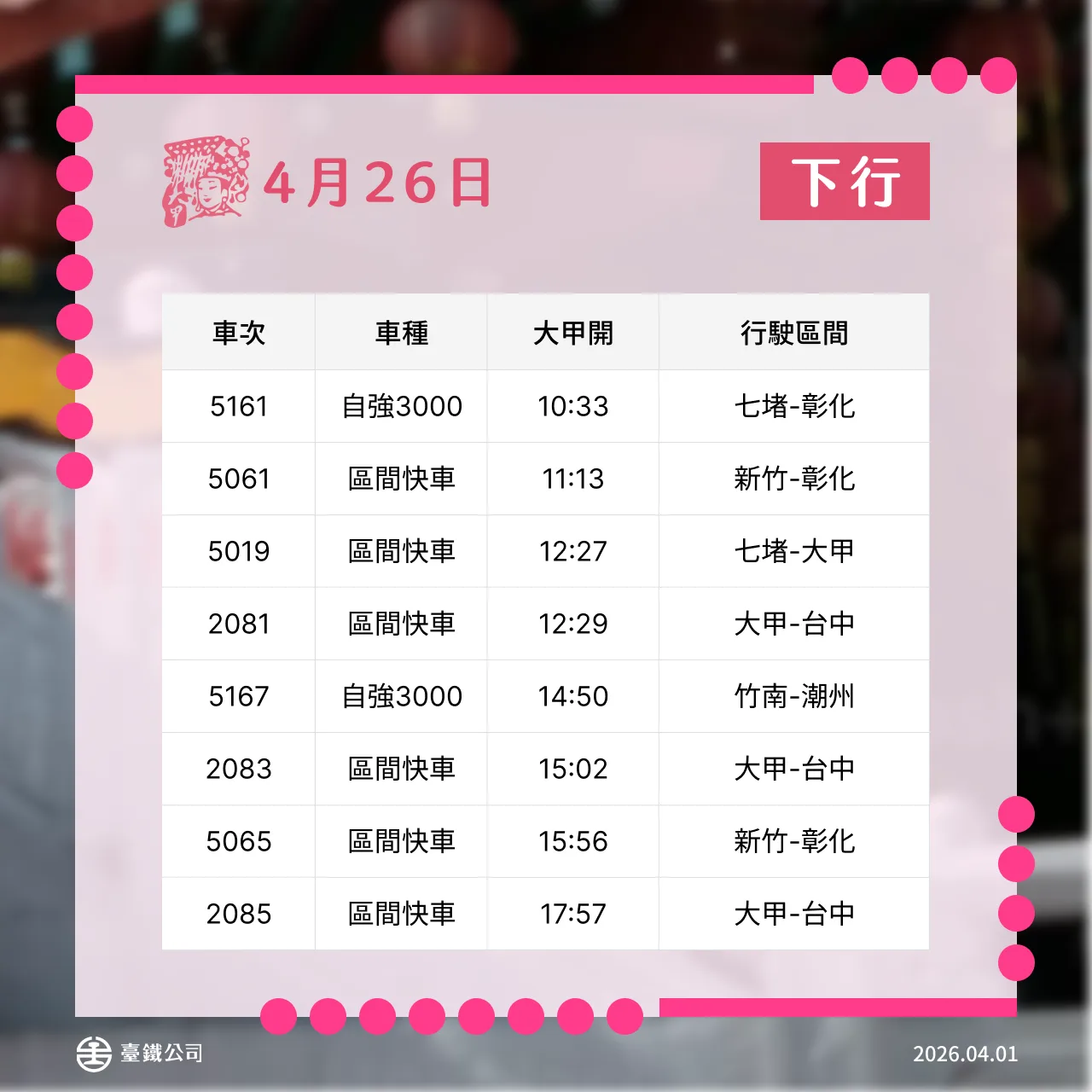 台鐵因應2026大甲媽祖遶境活動加開列車疏運。台鐵提供