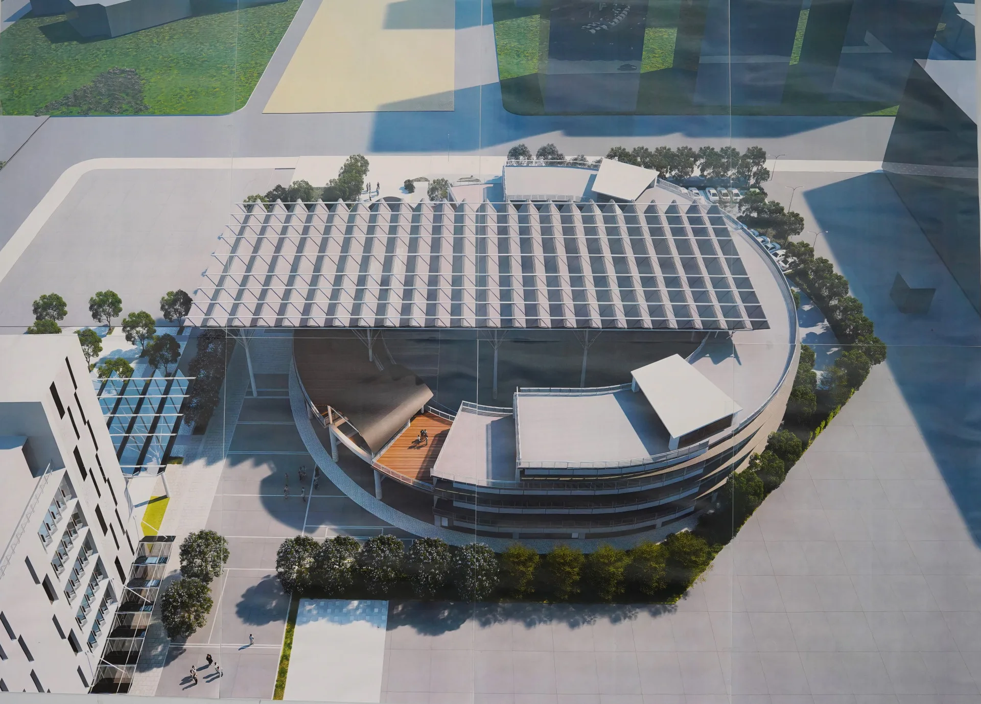 竹東客家文化大禾埕設計圖，實體建築本月即將完工。新竹縣政府提供