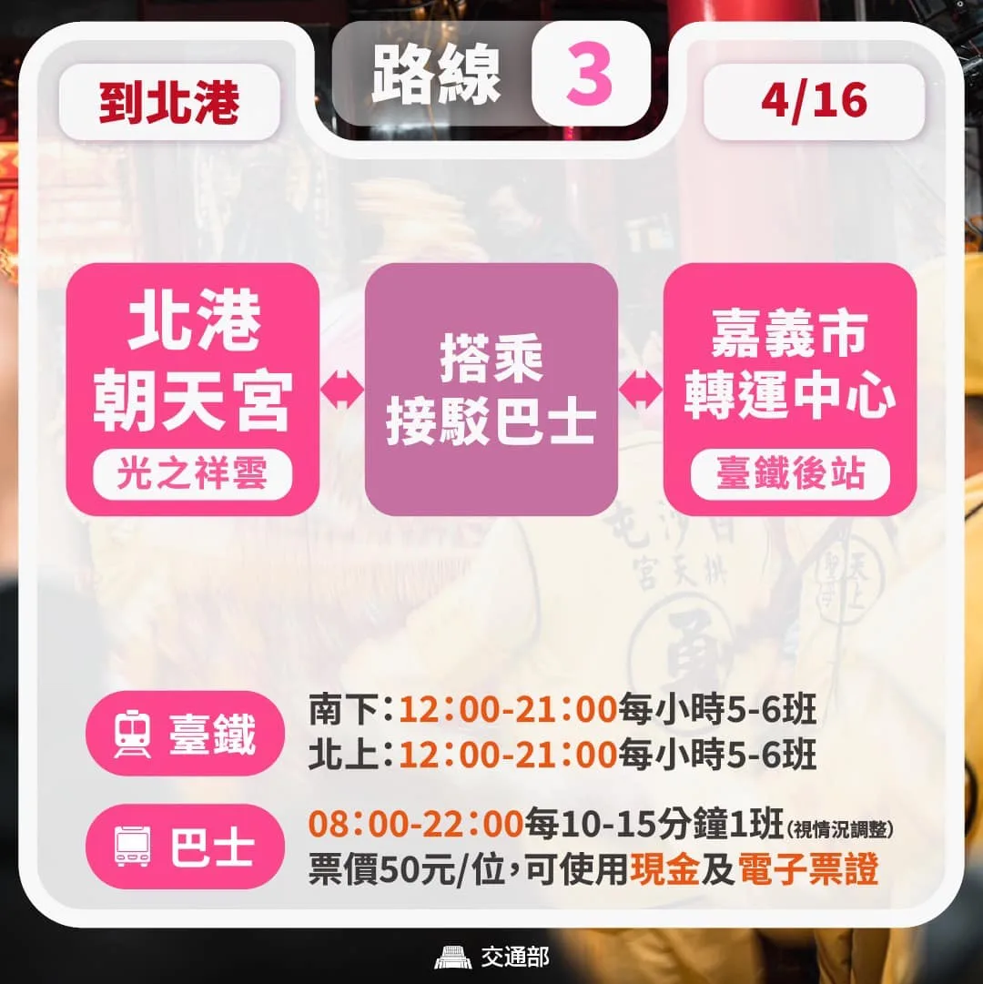 如果要參與白沙屯媽祖到北港朝天宮進香活動,從朝天宮到嘉義市轉運中心設有接駁車。