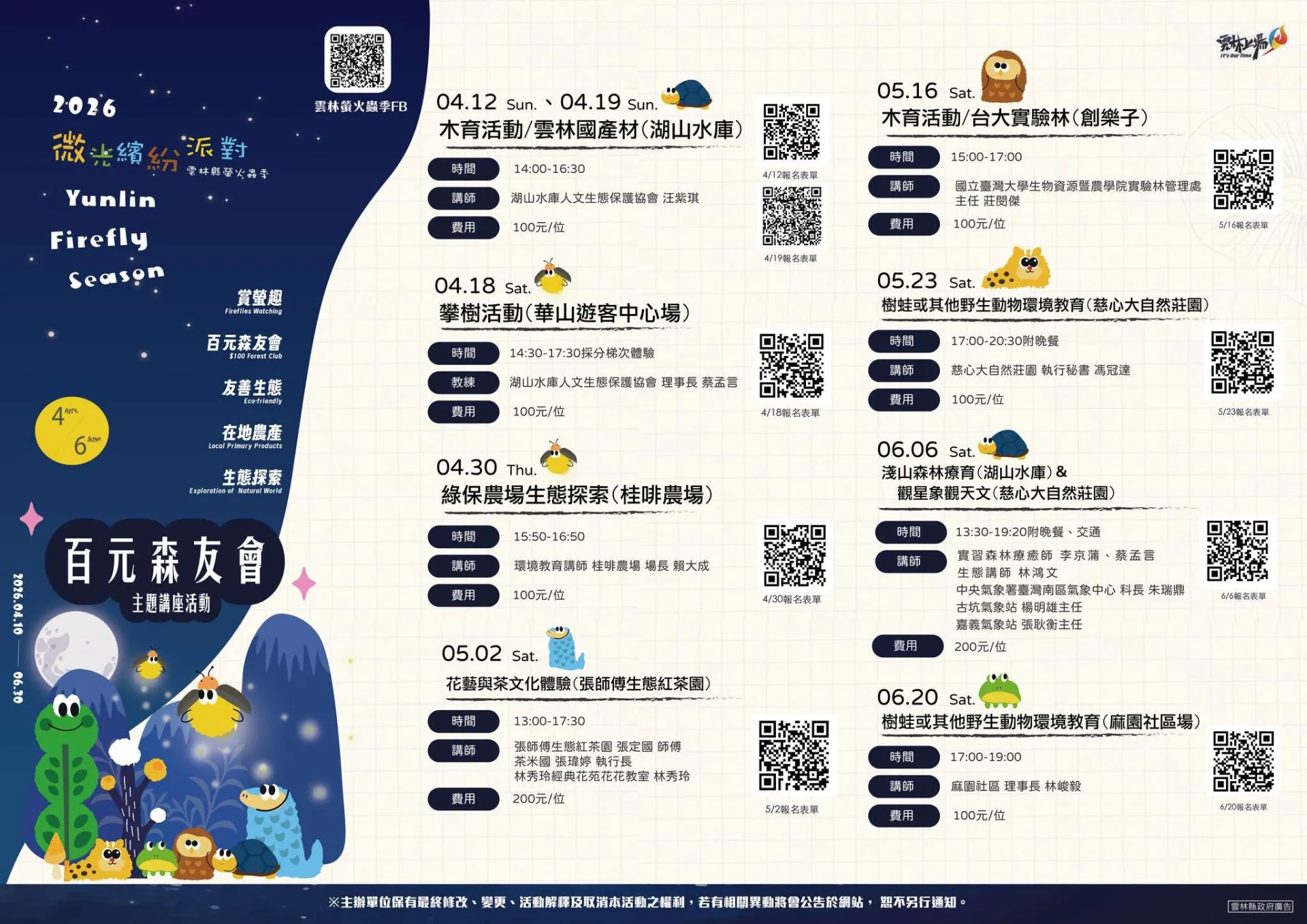 雲林縣政府推出「百元森友會」體驗課程，涵蓋攀樹體驗、觀星活動、國產材應用、環境教育、茶席文化與森林療癒等。雲林縣政府提供