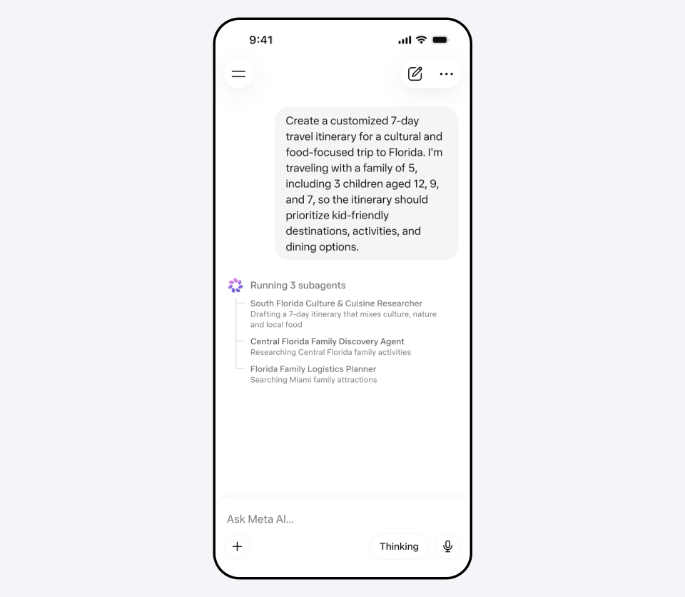 Meta推出「深思模式」(Contemplating Mode),透過同時執行多個代理程式來提升推理能力。翻攝自Muse Spark 官網
