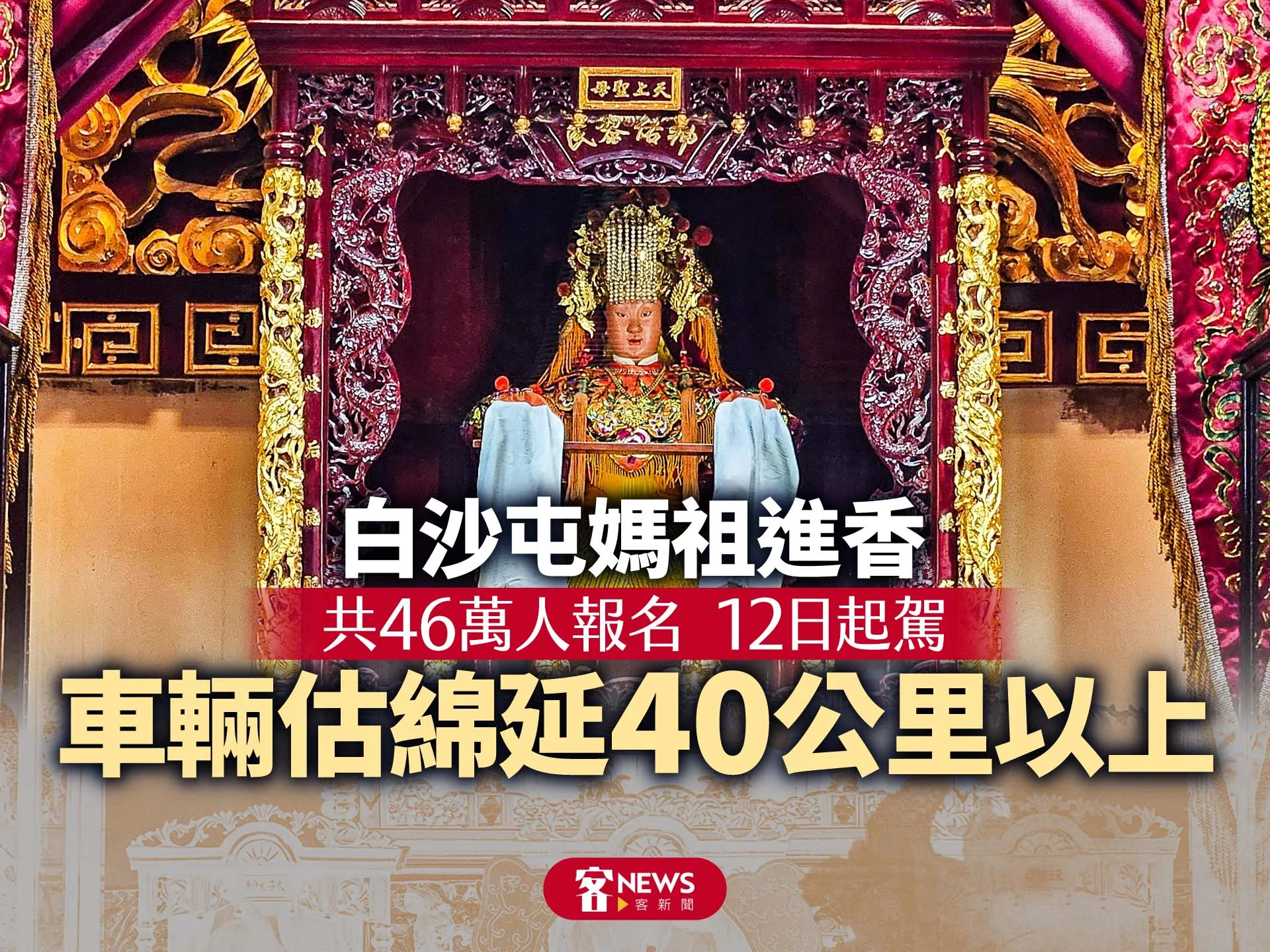 白沙屯媽祖進香共46萬人報名　12日起駕　車輛估綿延40公里以上