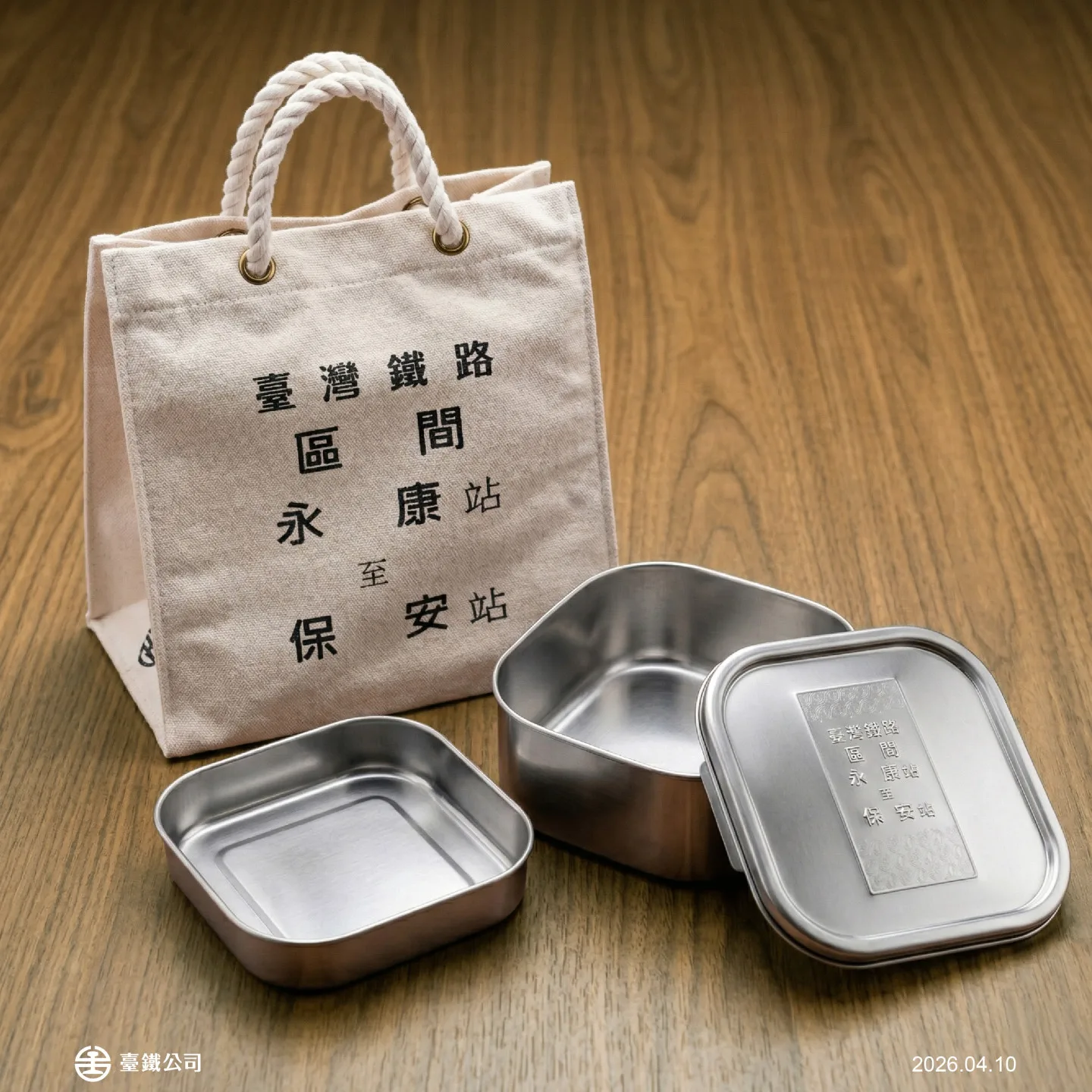 台鐵經典站名「永保安康」316不鏽鋼餐盒與票單提袋。台鐵提供
