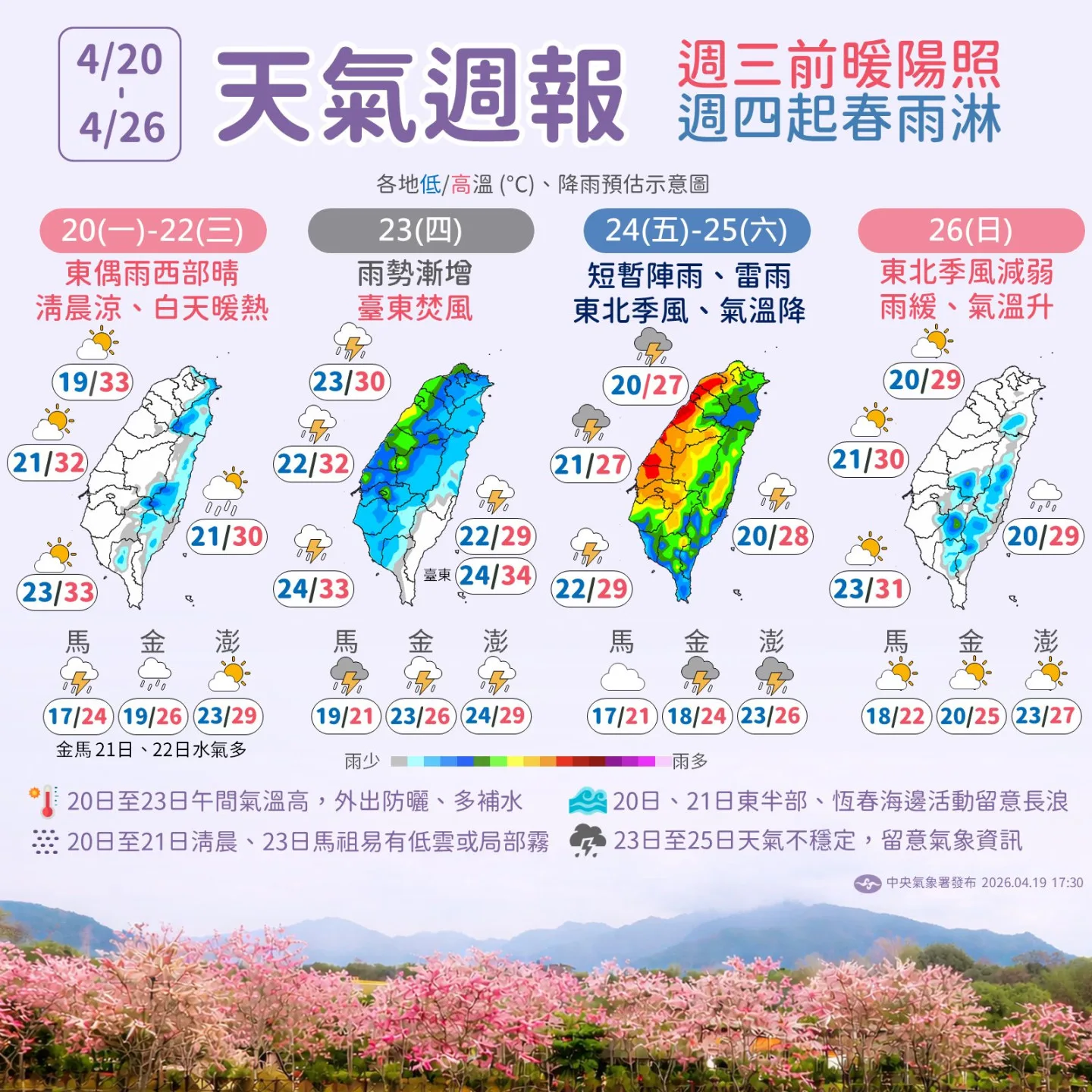 氣象署今（21）天針對台南、屏東發布高溫資訊，注意攝氏36度以上高溫。中央氣象署提供