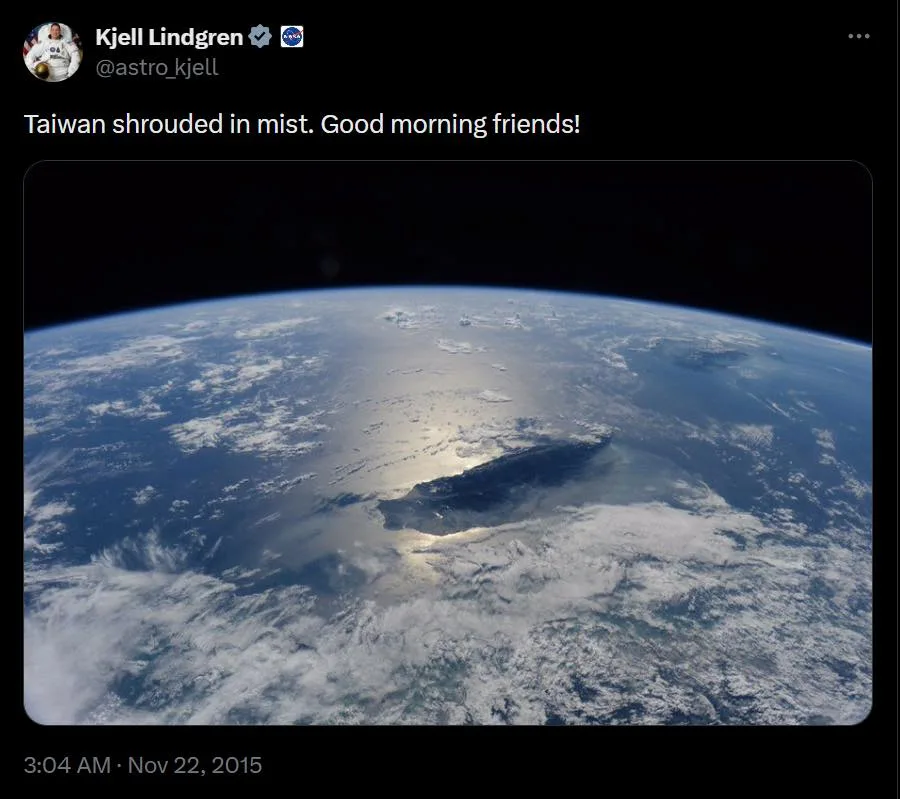 林琪兒曾自太空以不同視角記錄下台灣之美。翻攝自AIT臉書粉絲專頁