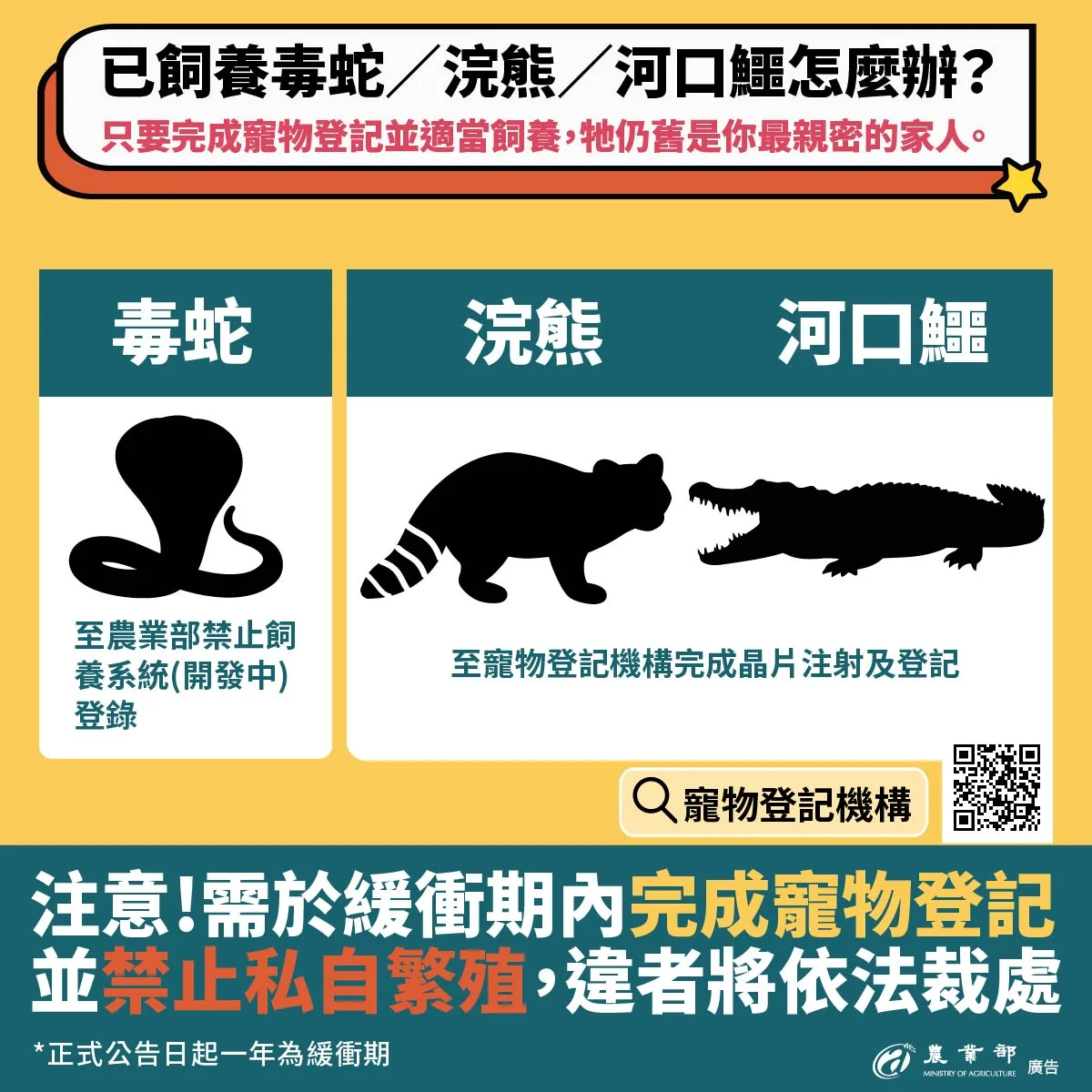 農業部公告自5月1日起禁養浣熊、河口鱷、蝮蛇科等高度危險動物。農業部提供