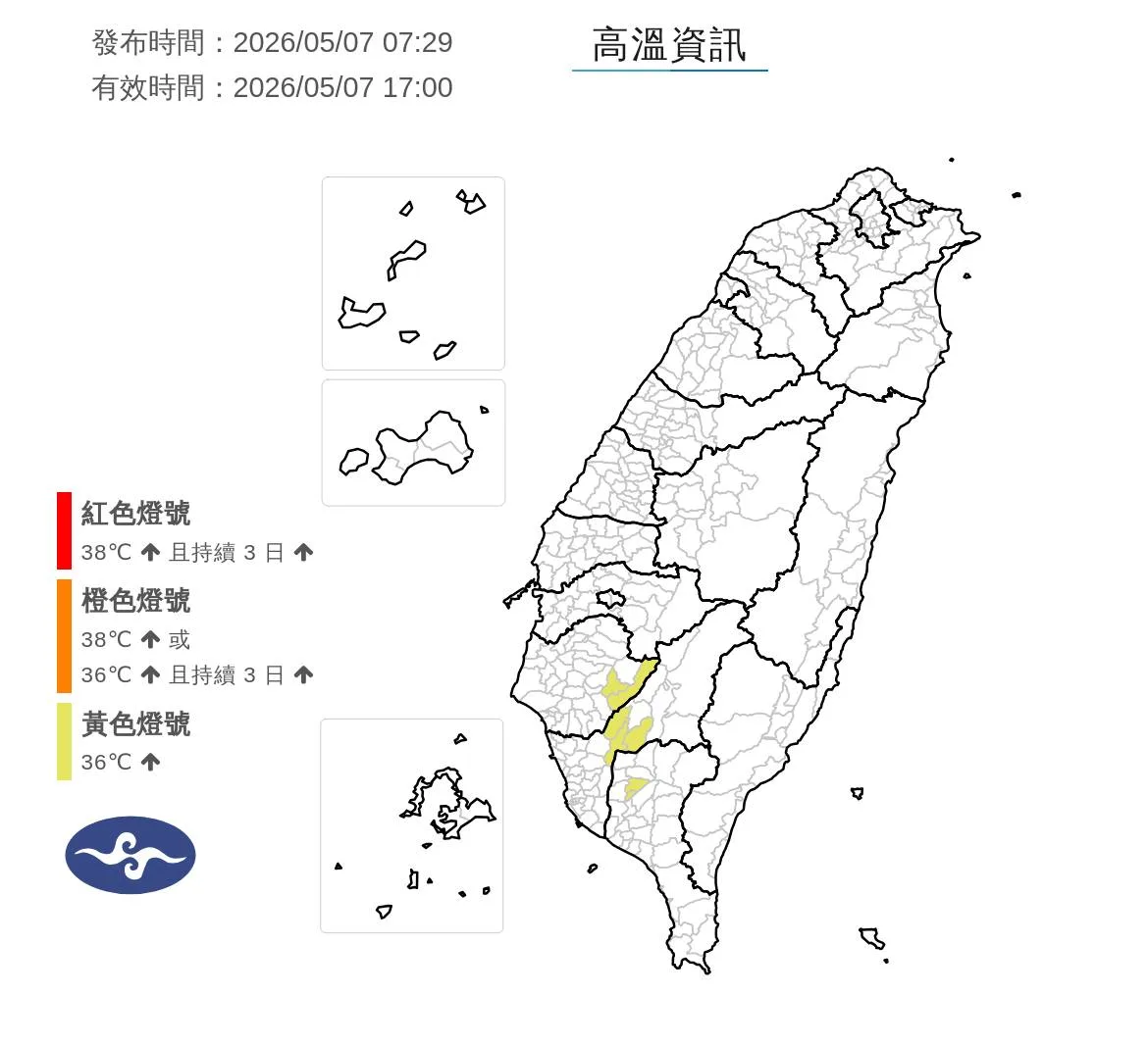 中央氣象署提醒，天氣晴朗炎熱，今（7）日尤其是南部近山區可能有35、36度左右高溫，且各地紫外線將達過量級，建議適時補充水分並做好防曬措施，而各地低溫約20至24度，早晚稍涼，請適時調整衣物。